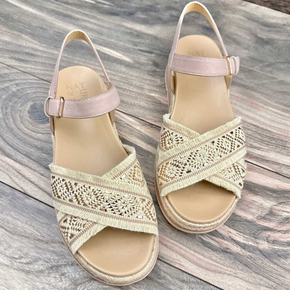 NIB Naturalizer Delaney 2 9M Woven Ankle Strap Comfort Platform Sandal Natural - Picture 2 of 12